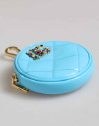 Dolce & Gabbana Azure Blue Leather Round Coin Purse Keychain Crystal Logo Wallet