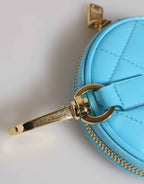 Dolce & Gabbana Azure Blue Leather Round Coin Purse Keychain Crystal Logo Wallet
