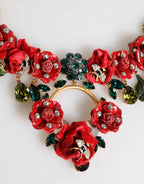 Dolce & Gabbana Red Rose Floral Crystal Embellished Statement Jewelry Necklace