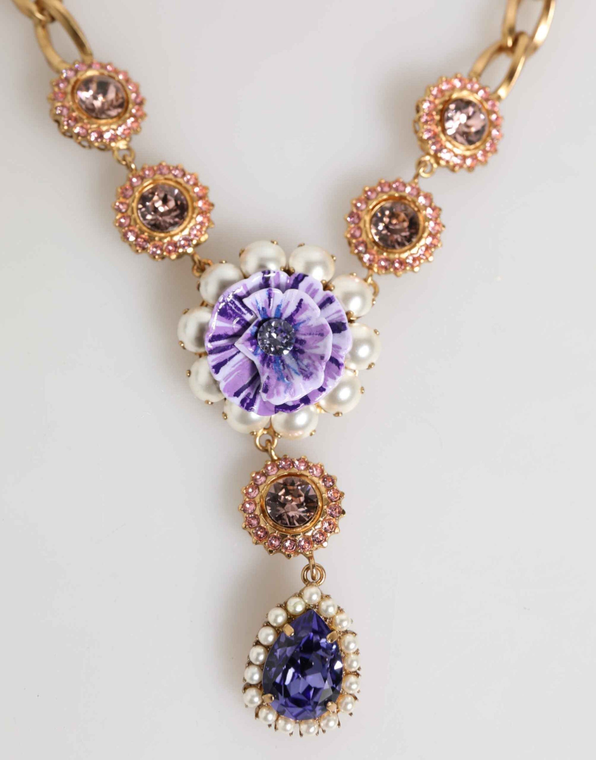 Dolce & Gabbana Gold Brass Crystal Pearl Purple Floral Pendant Jewelry Necklace