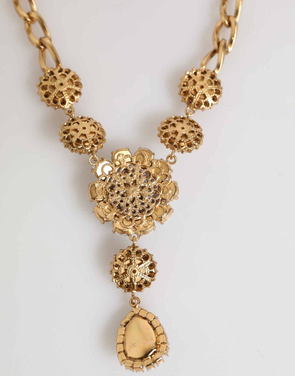 Dolce & Gabbana Gold Brass Crystal Pearl Purple Floral Pendant Jewelry Necklace