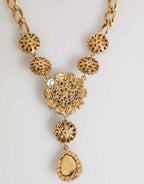 Dolce & Gabbana Gold Brass Crystal Pearl Purple Floral Pendant Jewelry Necklace