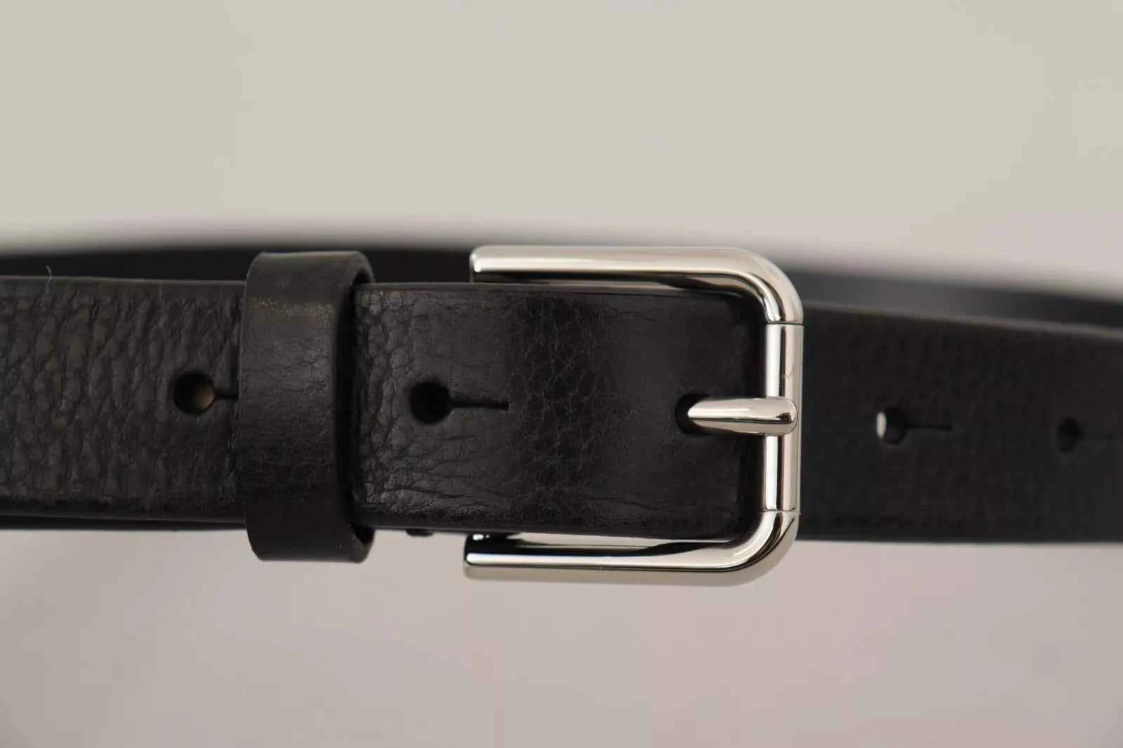 Dolce & Gabbana Calf Leather Silver Tone Black Metal Buckle Belt