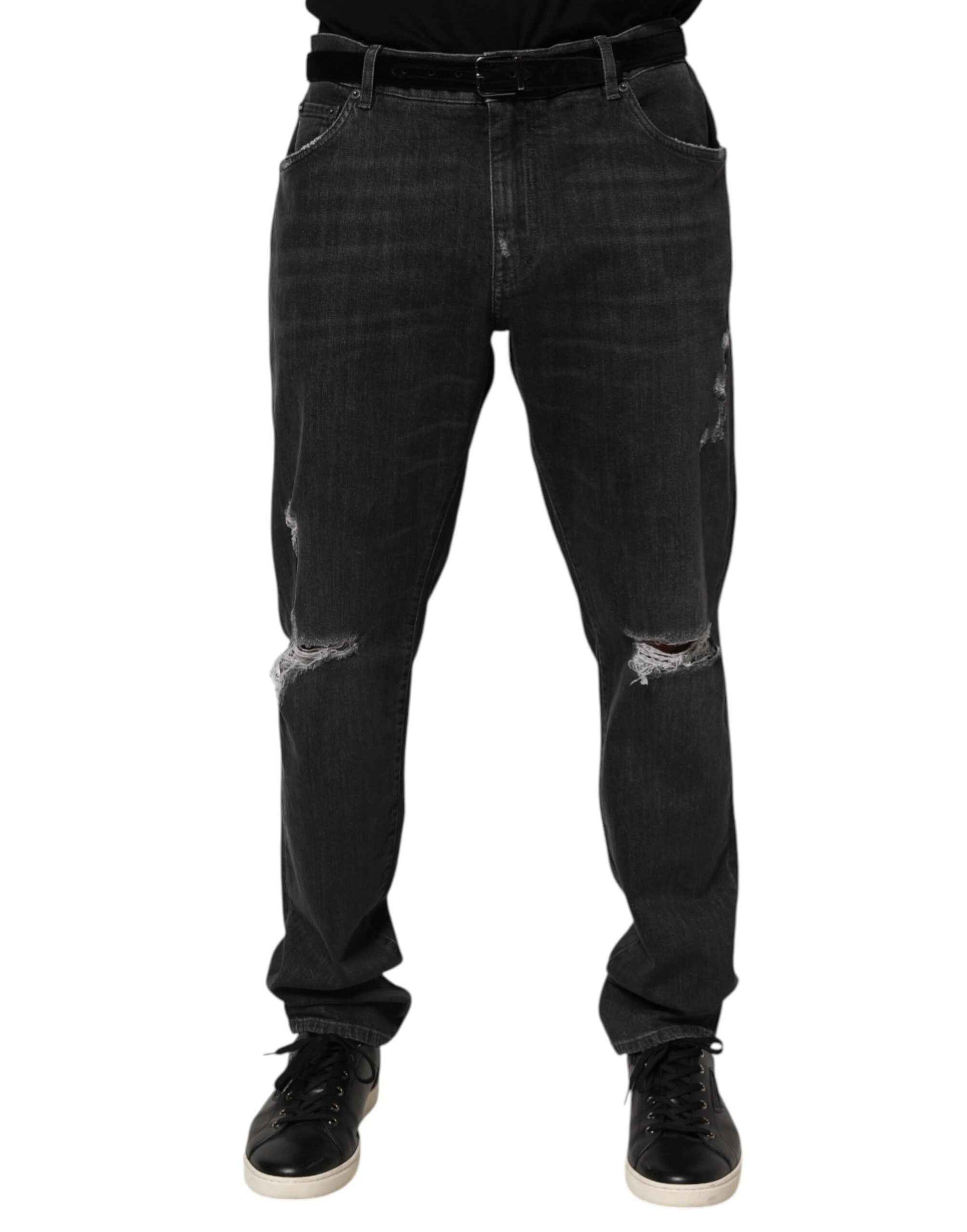 Dolce & Gabbana Black Cotton Slim Fit Distressed Ripped Logo Jeans