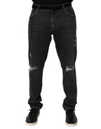 Dolce & Gabbana Black Cotton Slim Fit Distressed Ripped Logo Jeans