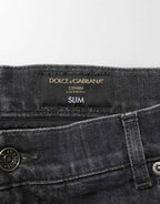 Dolce & Gabbana Black Cotton Slim Fit Distressed Ripped Logo Jeans