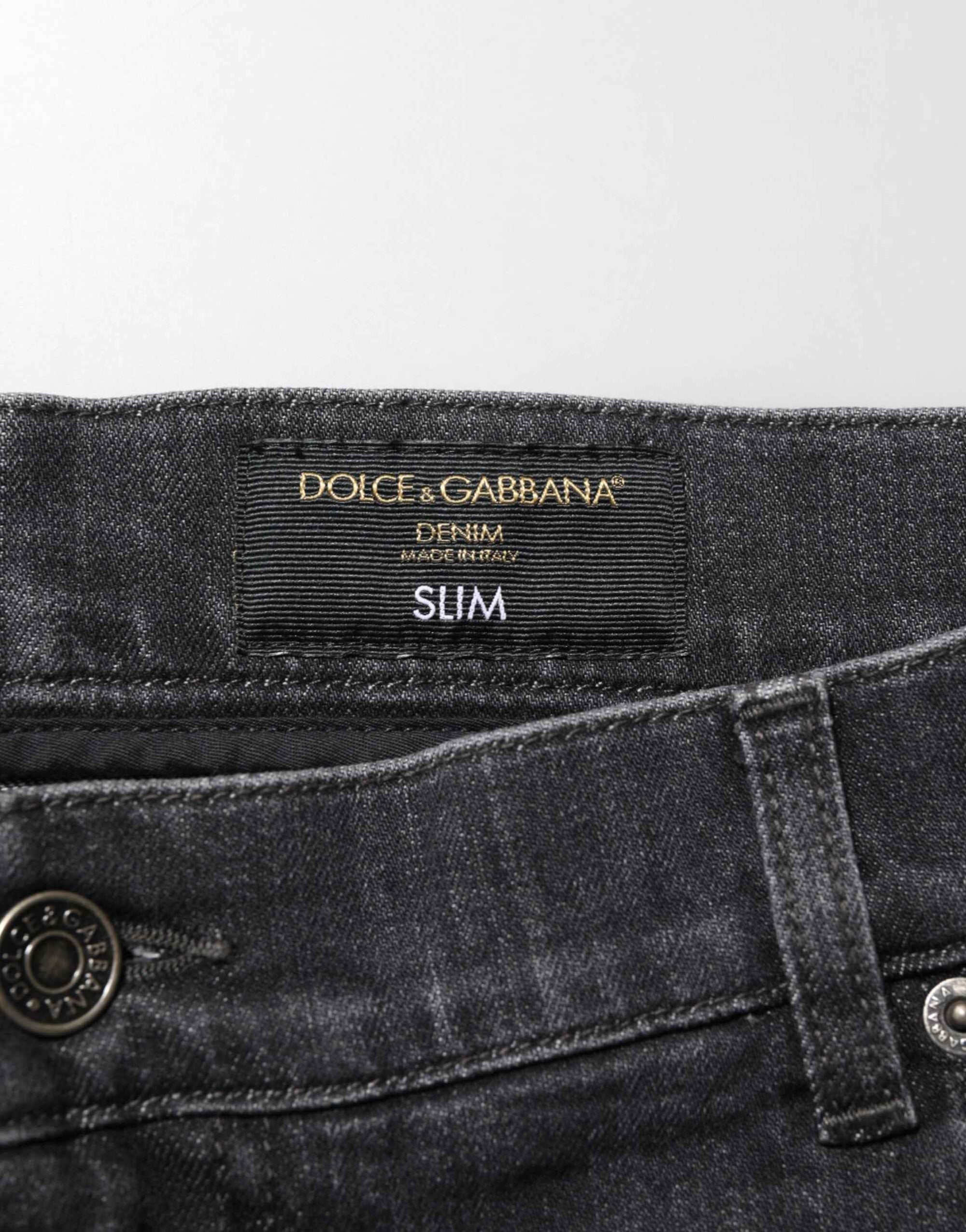 Dolce & Gabbana Black Cotton Slim Fit Distressed Ripped Logo Jeans
