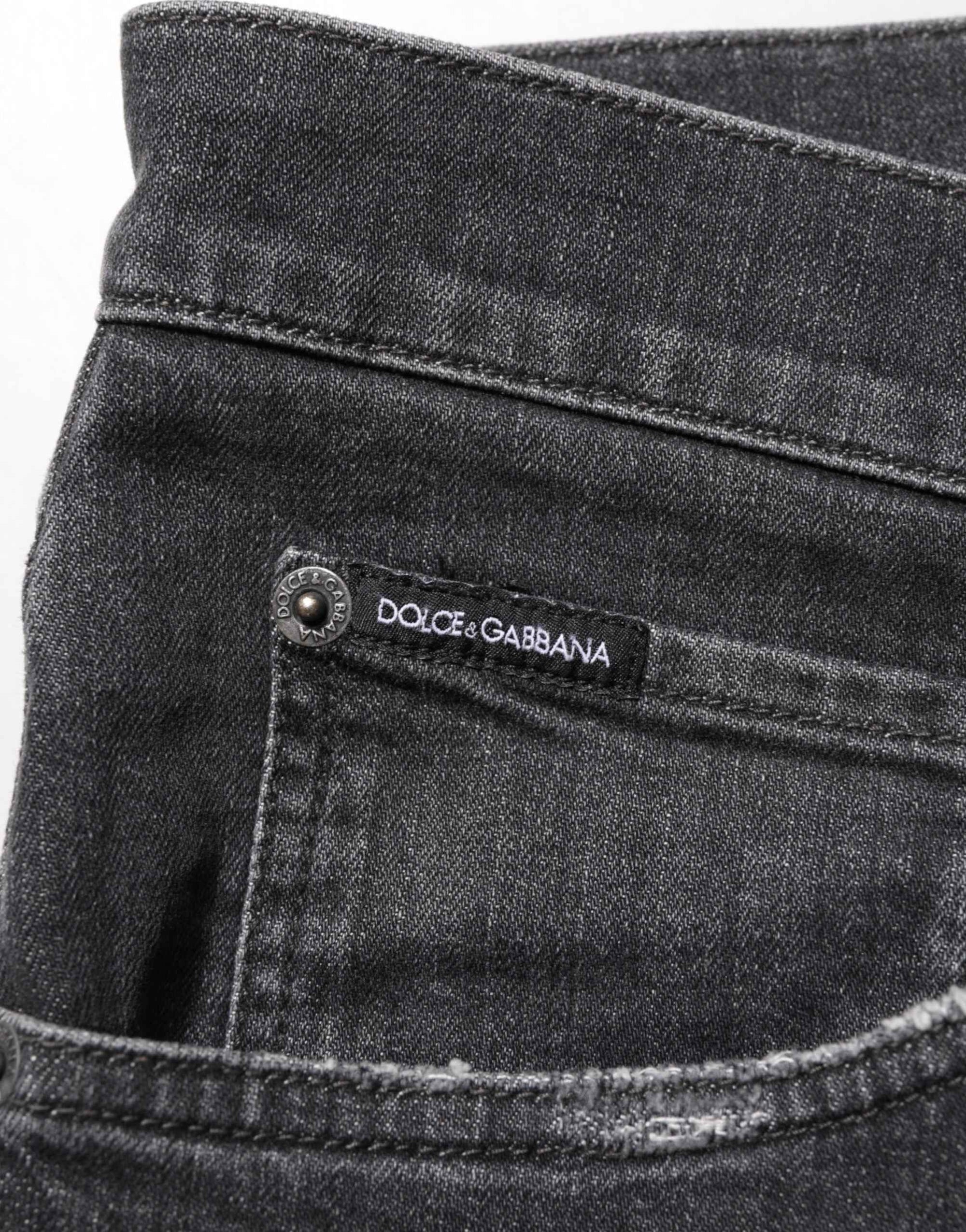 Dolce & Gabbana Black Cotton Slim Fit Distressed Ripped Logo Jeans