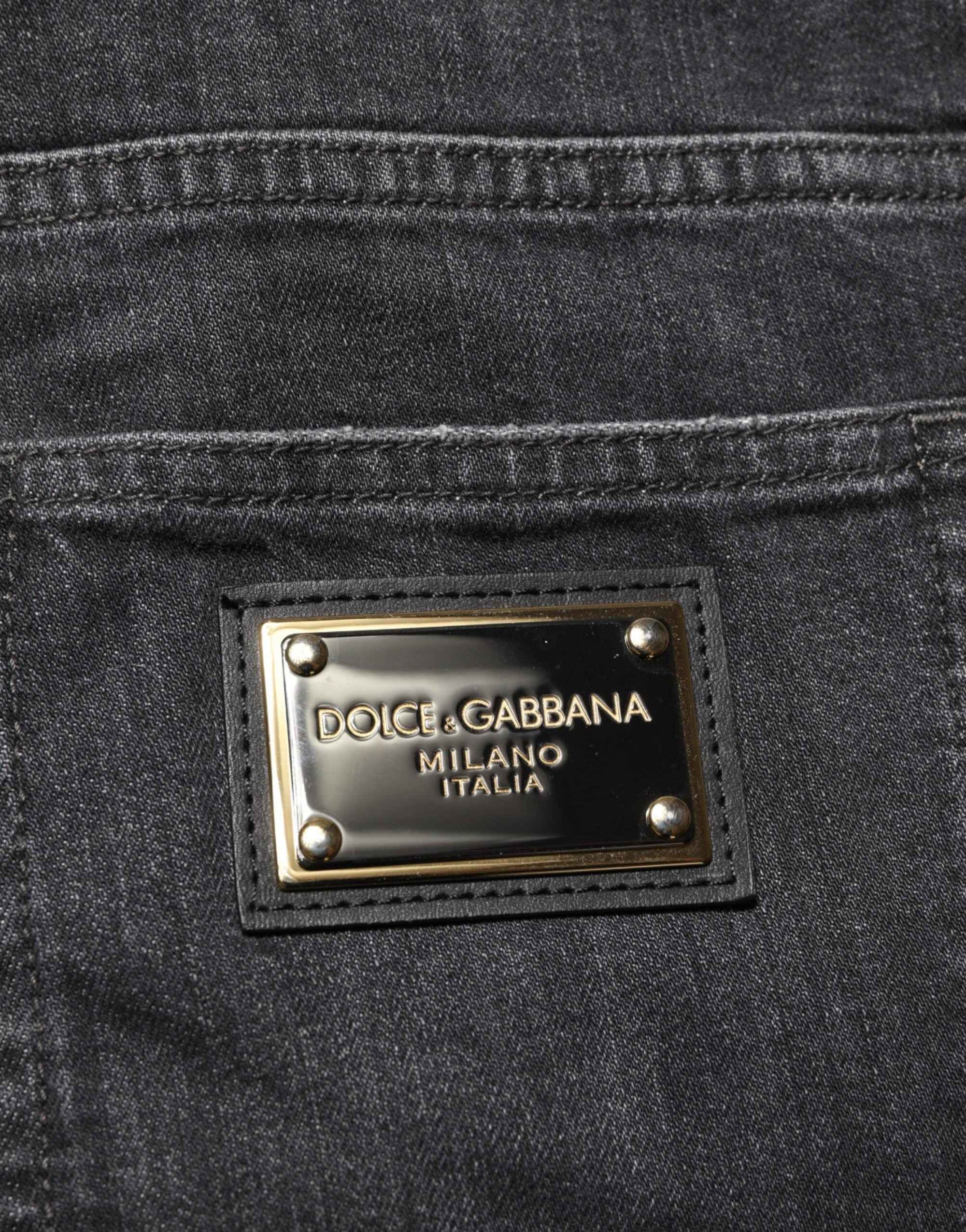 Dolce & Gabbana Black Cotton Slim Fit Distressed Ripped Logo Jeans