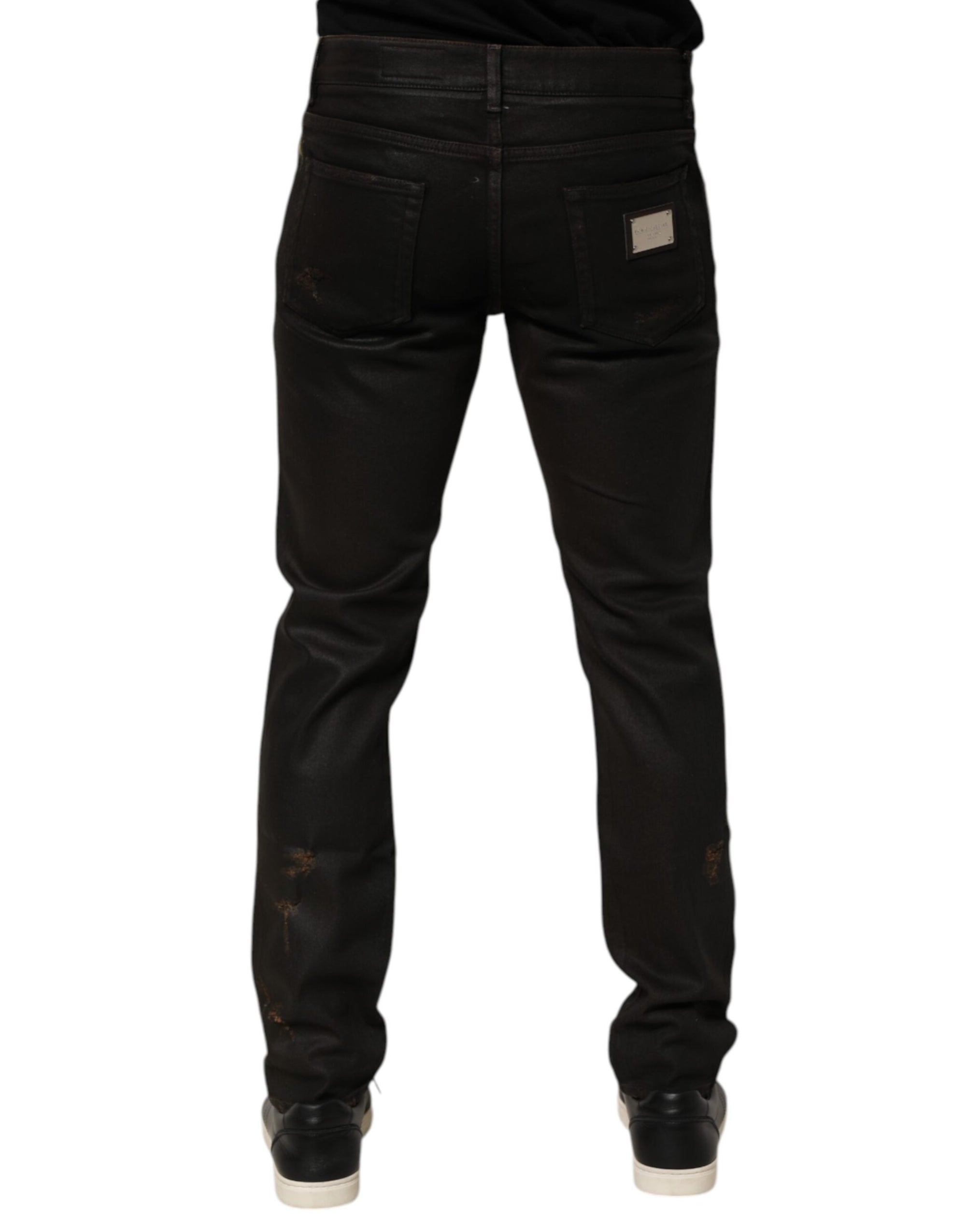 Dolce & Gabbana Dark Brown Tattered Cotton Skinny Denim Jeans
