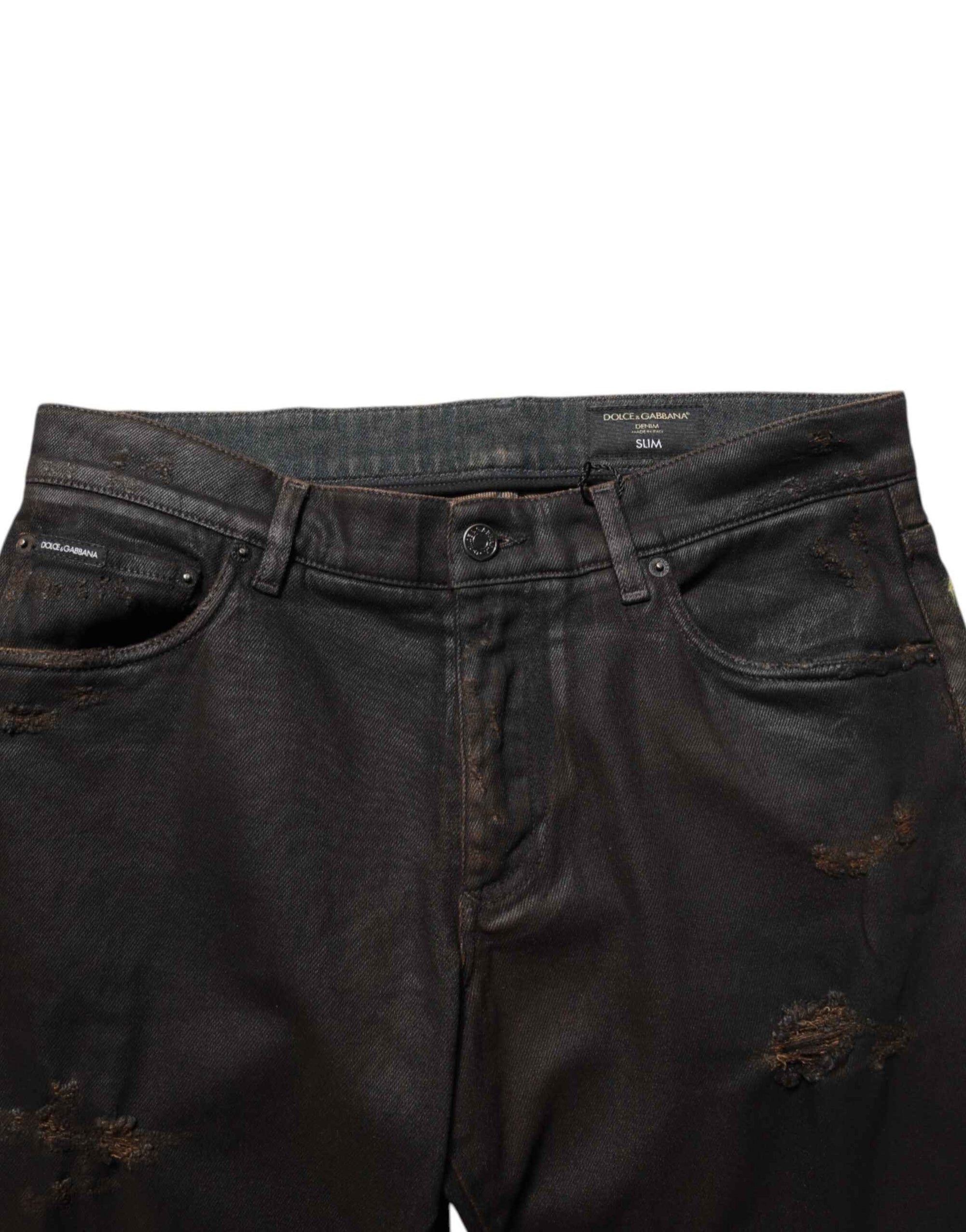 Dolce & Gabbana Dark Brown Tattered Cotton Skinny Denim Jeans