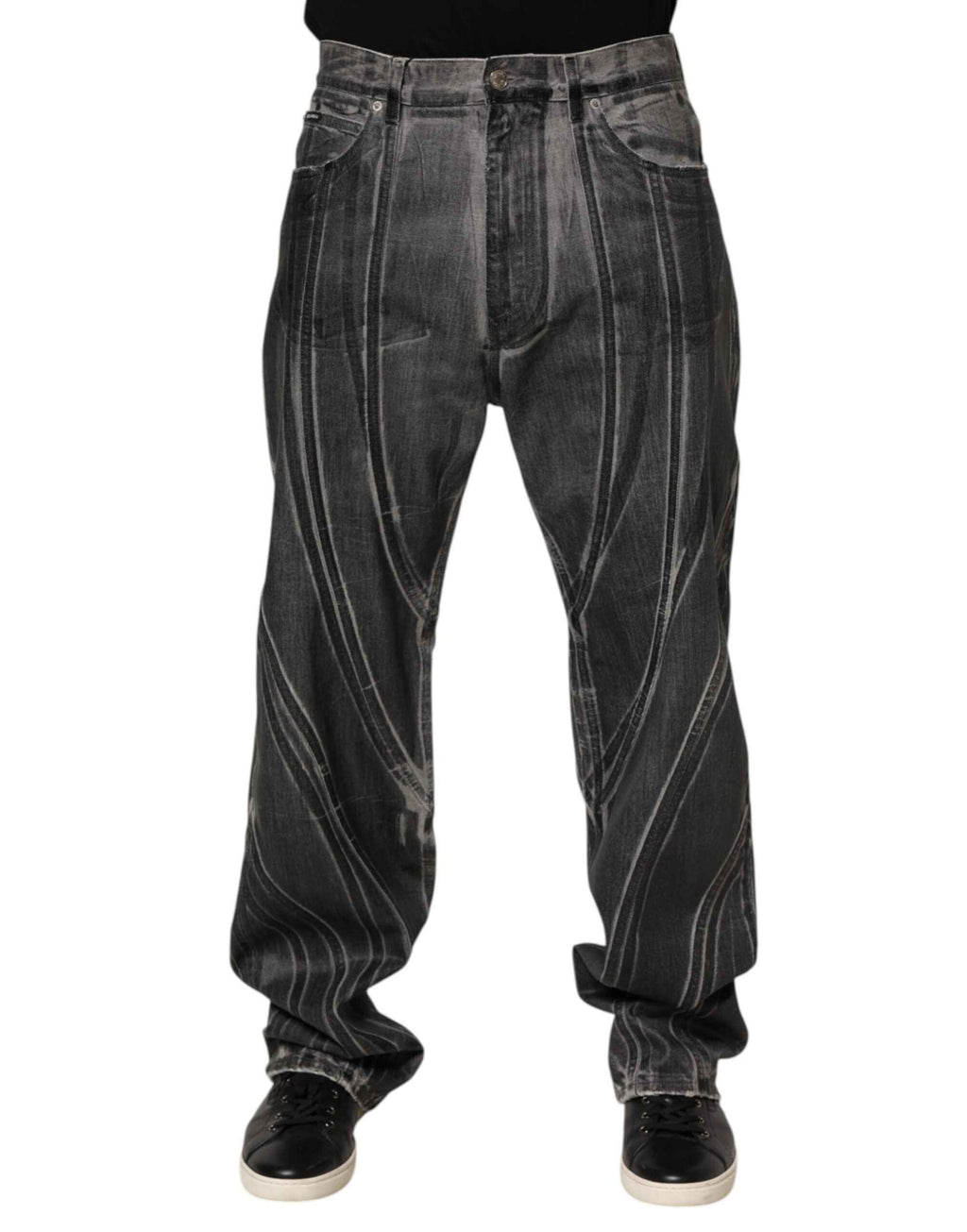 Dolce & Gabbana Black Grey Graphic Print Denim Pants Jeans