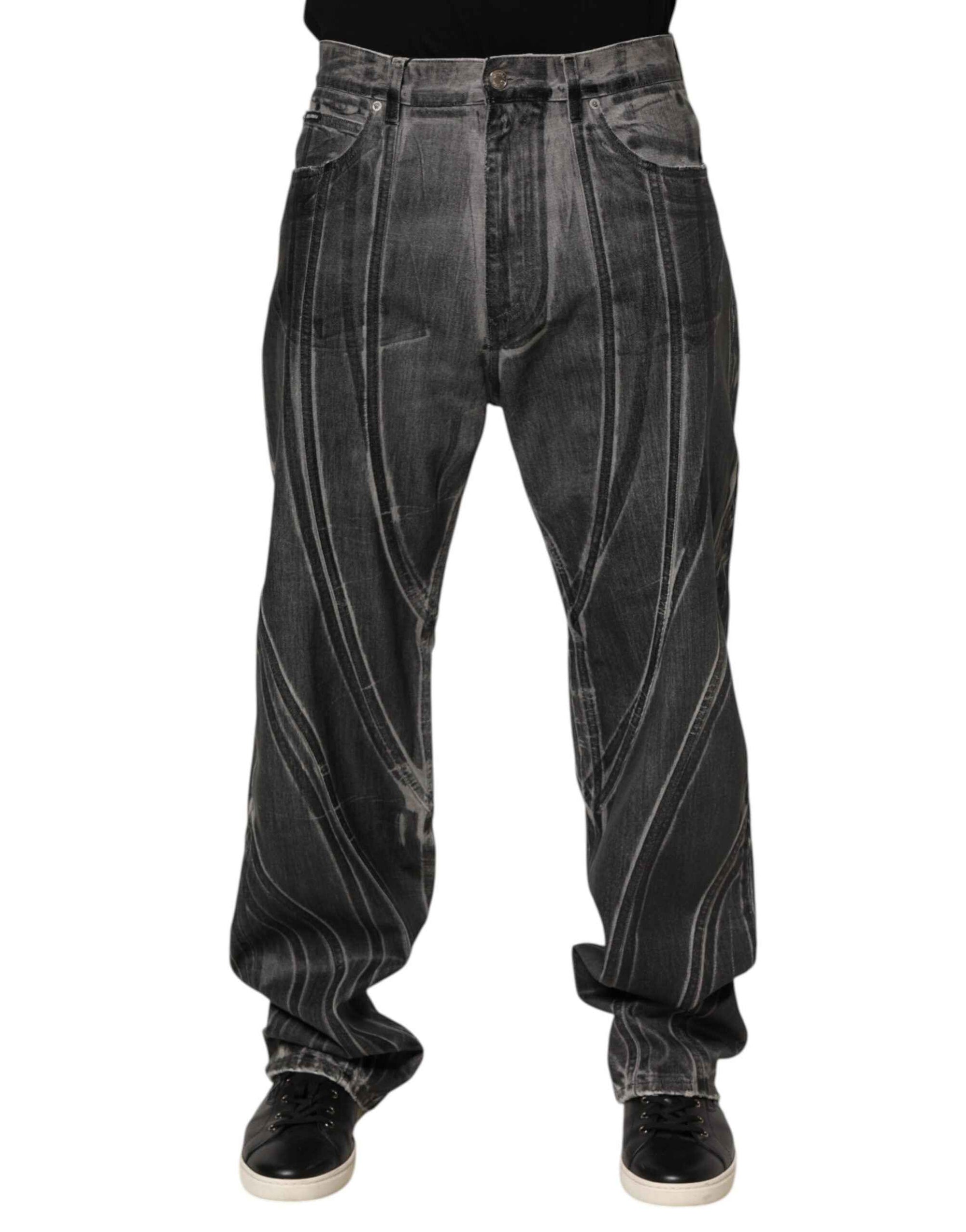Dolce & Gabbana Black Grey Graphic Print Denim Pants Jeans