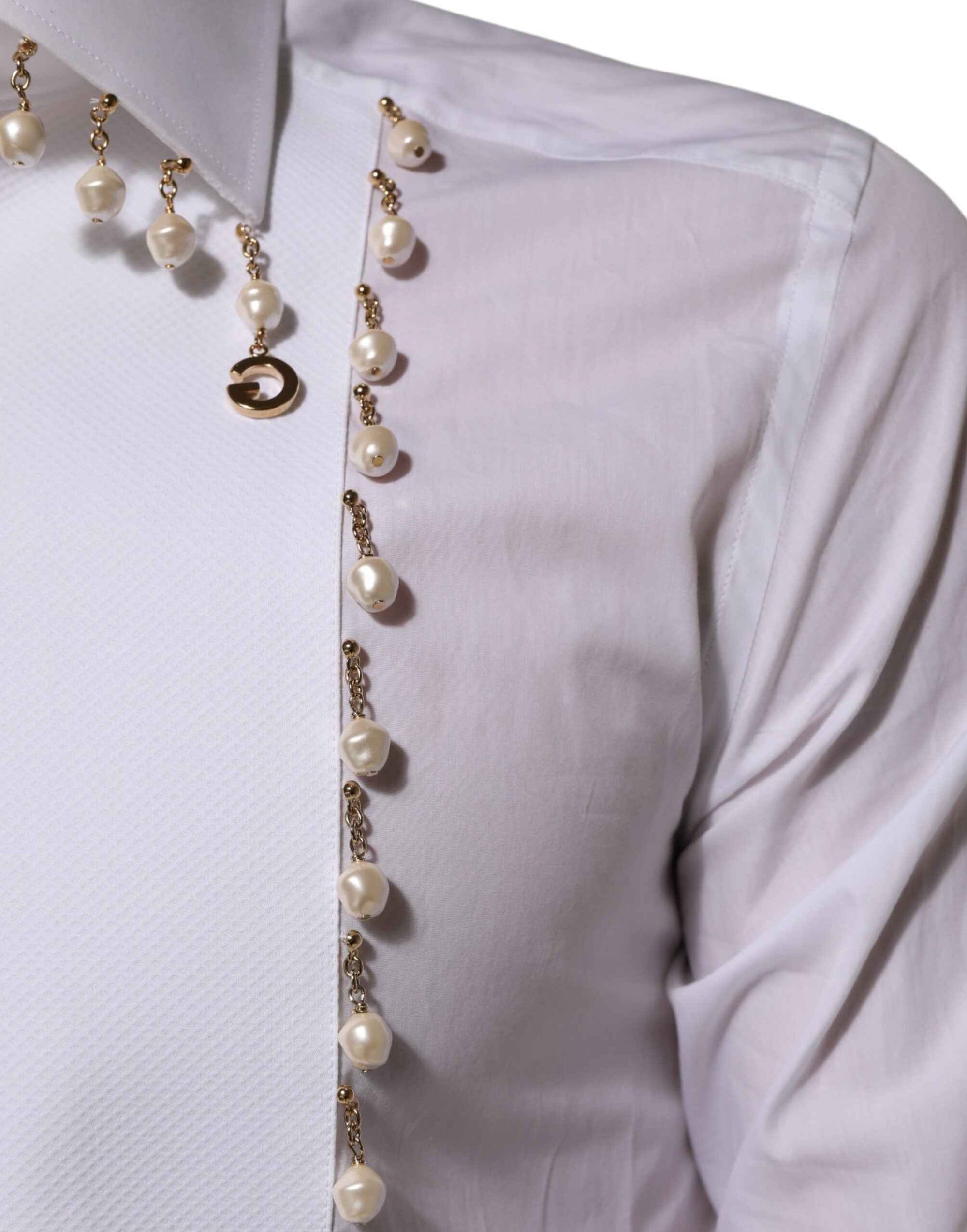 Dolce & Gabbana White Cotton DG Logo Pearl GOLD Formal Shirt