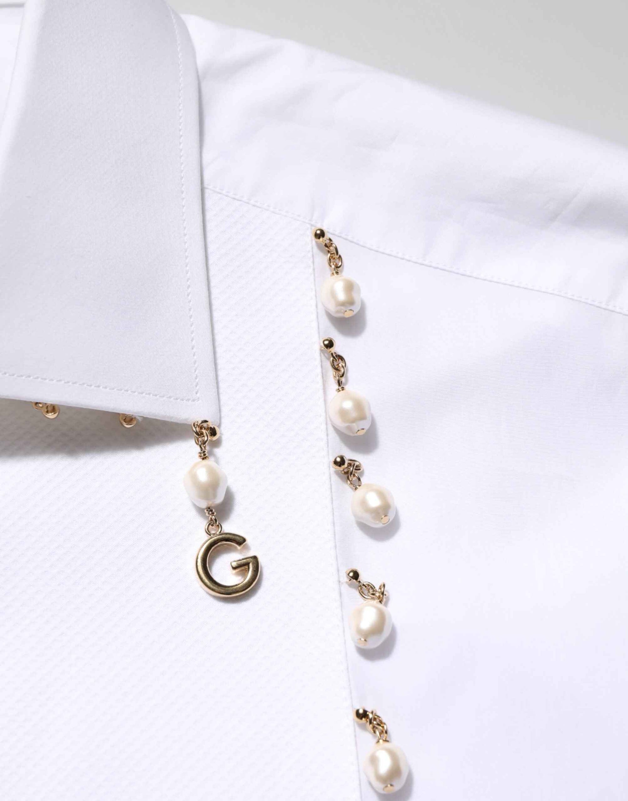 Dolce & Gabbana White Cotton DG Logo Pearl GOLD Formal Shirt
