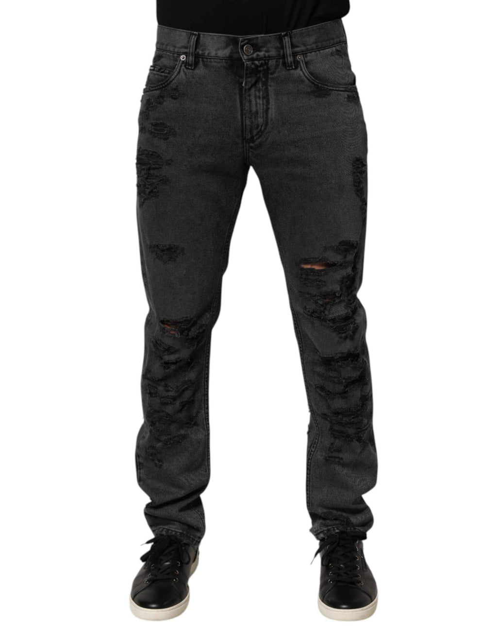 Dolce & Gabbana Black Tattered Skinny Cotton Men Denim Jeans