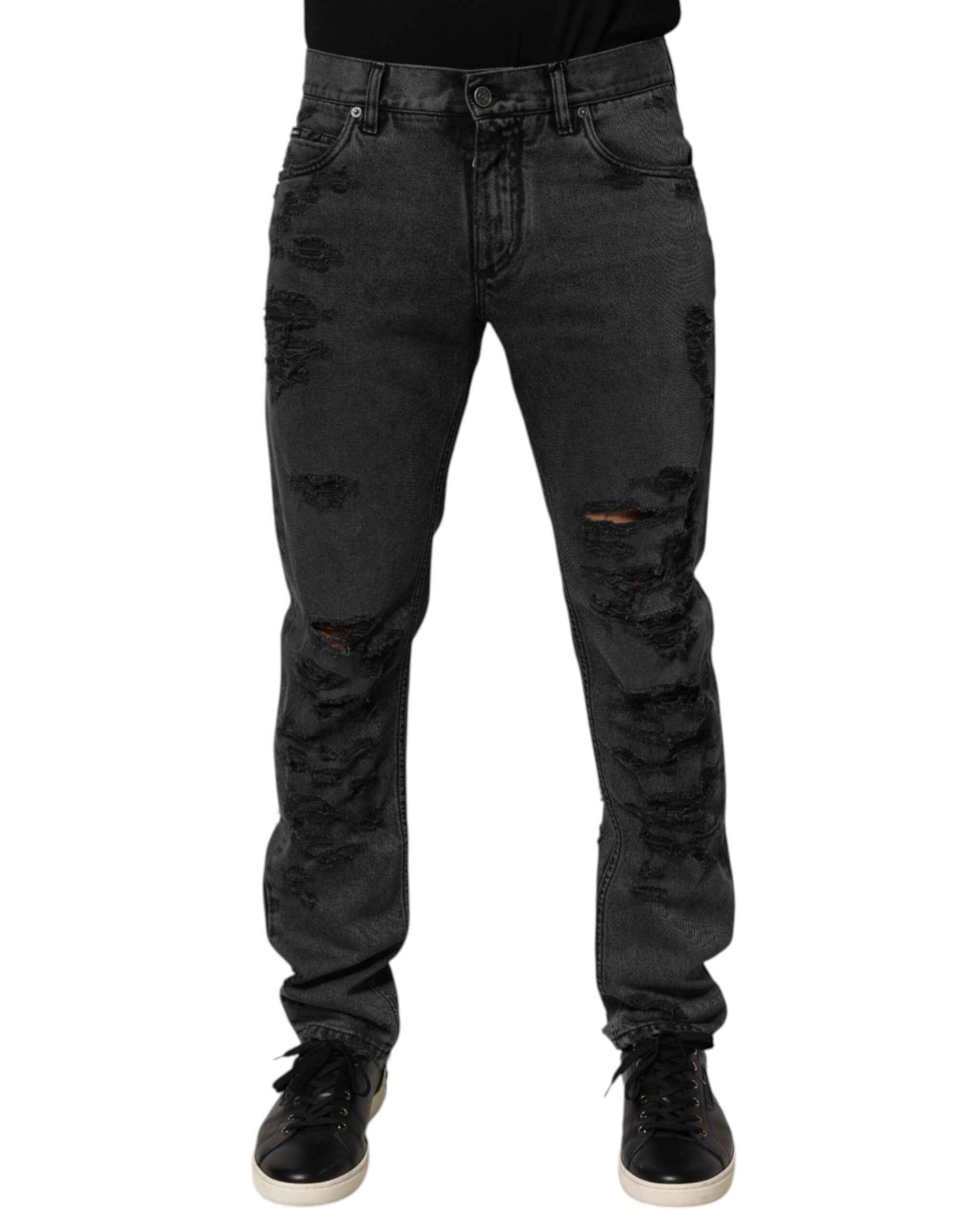 Dolce & Gabbana Black Tattered Skinny Cotton Men Denim Jeans