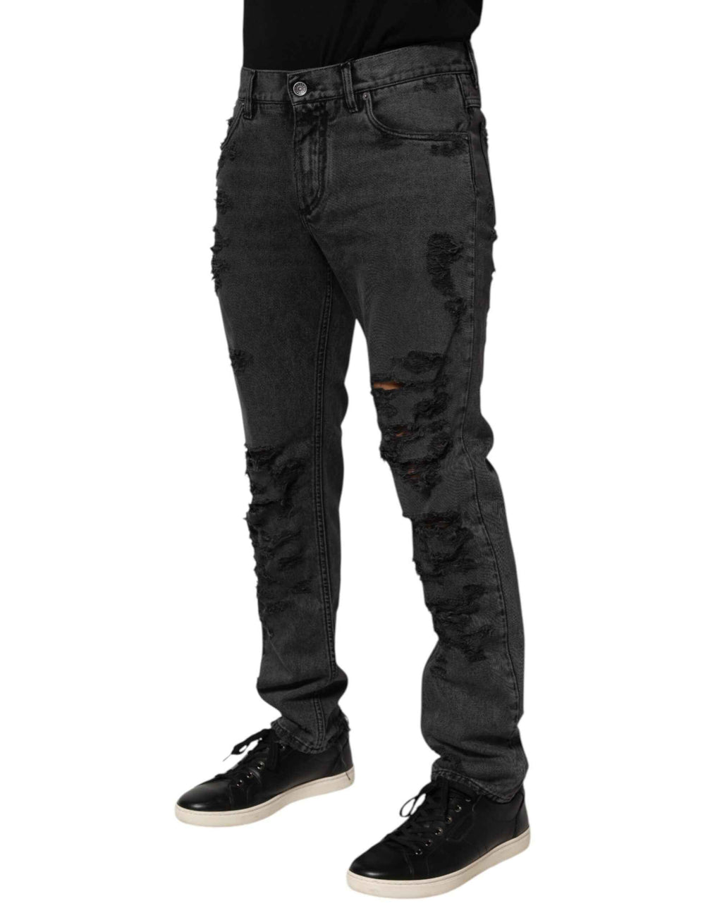Dolce & Gabbana Black Tattered Skinny Cotton Men Denim Jeans