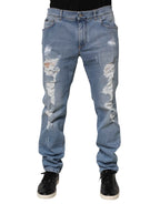 Dolce & Gabbana Blue Tattered Slim Fit Cotton Denim Jeans