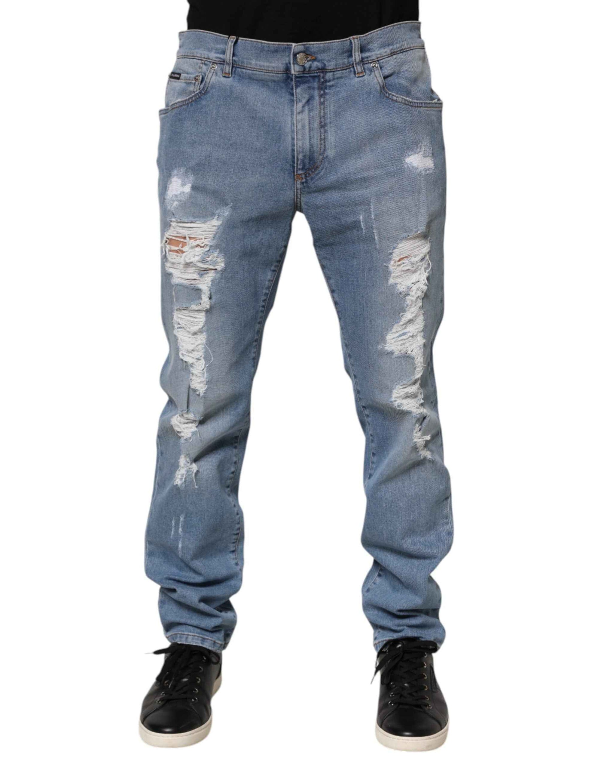 Dolce & Gabbana Blue Tattered Slim Fit Cotton Denim Jeans