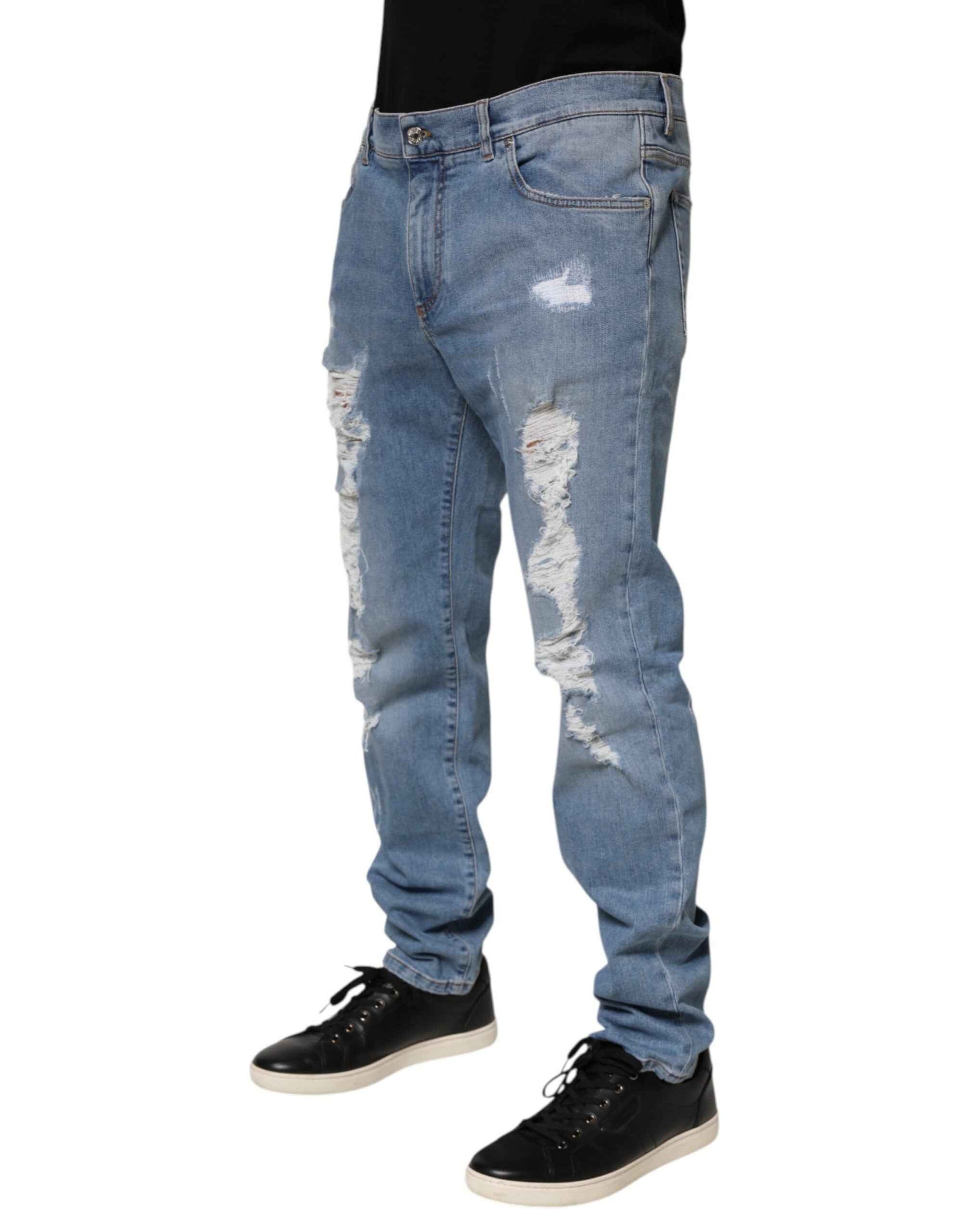 Dolce & Gabbana Blue Tattered Slim Fit Cotton Denim Jeans