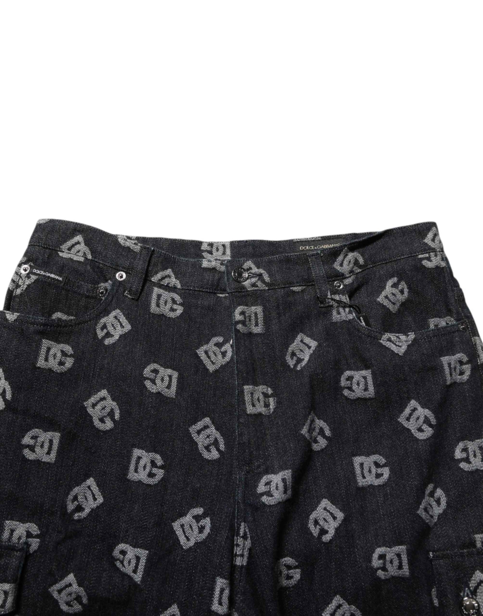 Dolce & Gabbana Black Monogram Denim Cargo Men Bermuda Short
