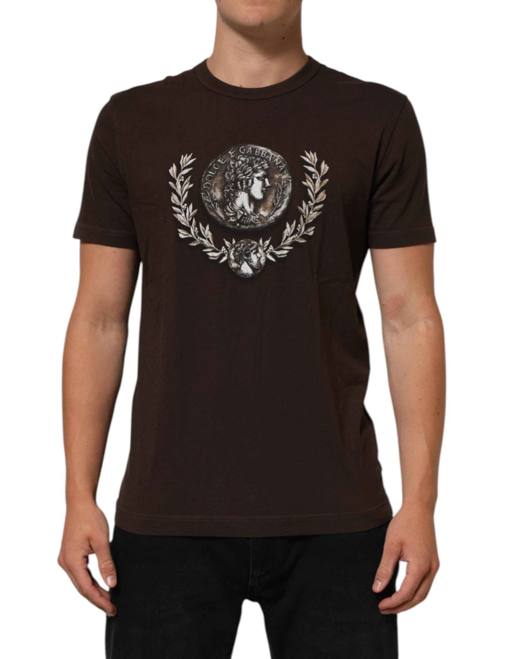 Dolce & Gabbana Brown Coin Laurel Print Men Crew Neck T-shirt