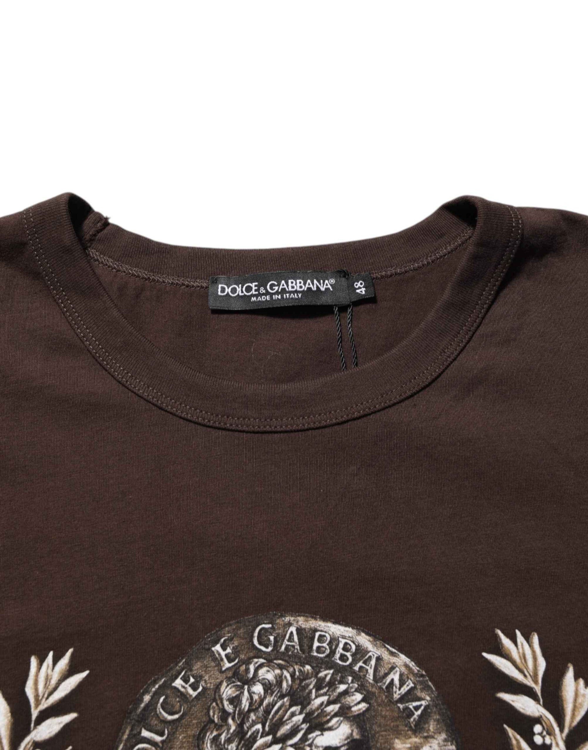 Dolce & Gabbana Brown Coin Laurel Print Men Crew Neck T-shirt