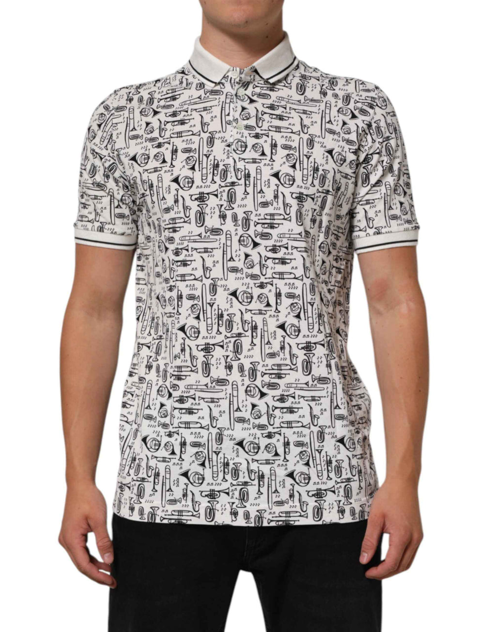 Dolce & Gabbana White Musical Print Collared Polo T-shirt