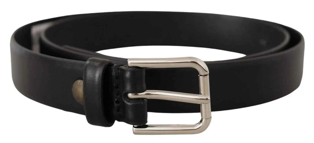 Dolce & Gabbana Black Calf Leather Silver Tone Logo Buckle Belt