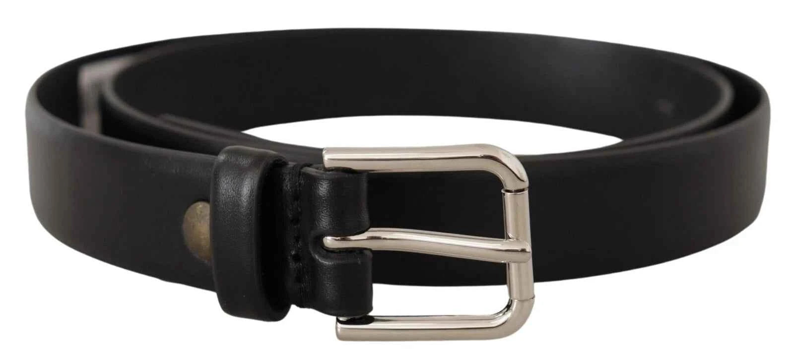 Dolce & Gabbana Black Calf Leather Silver Tone Logo Buckle Belt