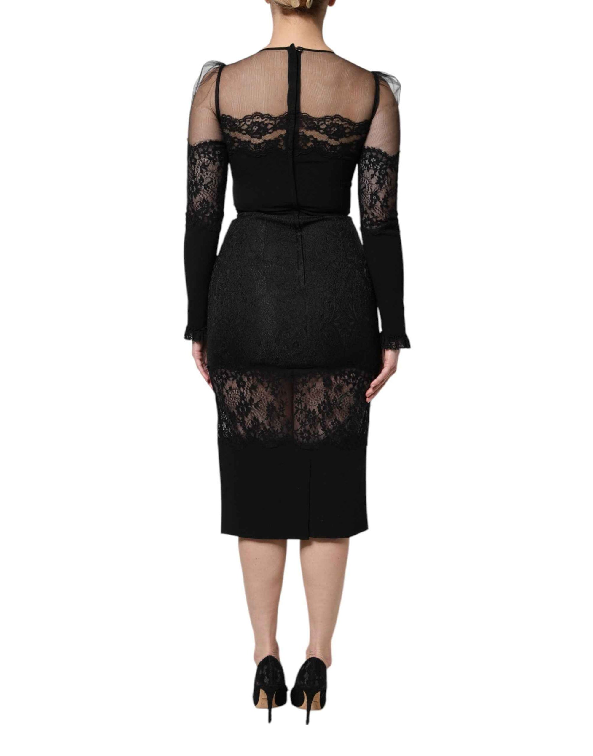 Dolce & Gabbana Black Lace Trim Nylon Tulle SheathMidi Dress