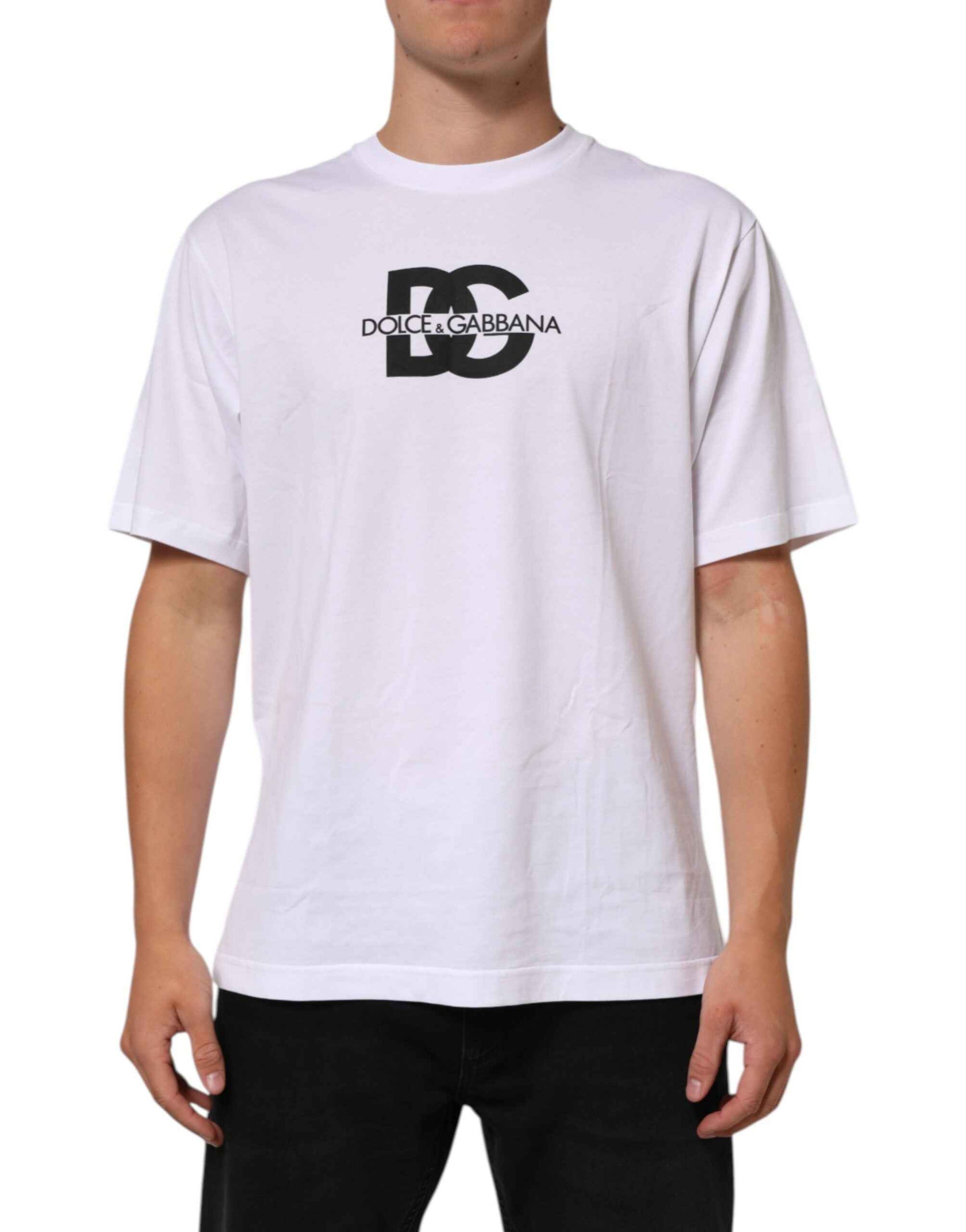 Dolce & Gabbana White Logo Print Cotton Crew Neck Men T-shirt