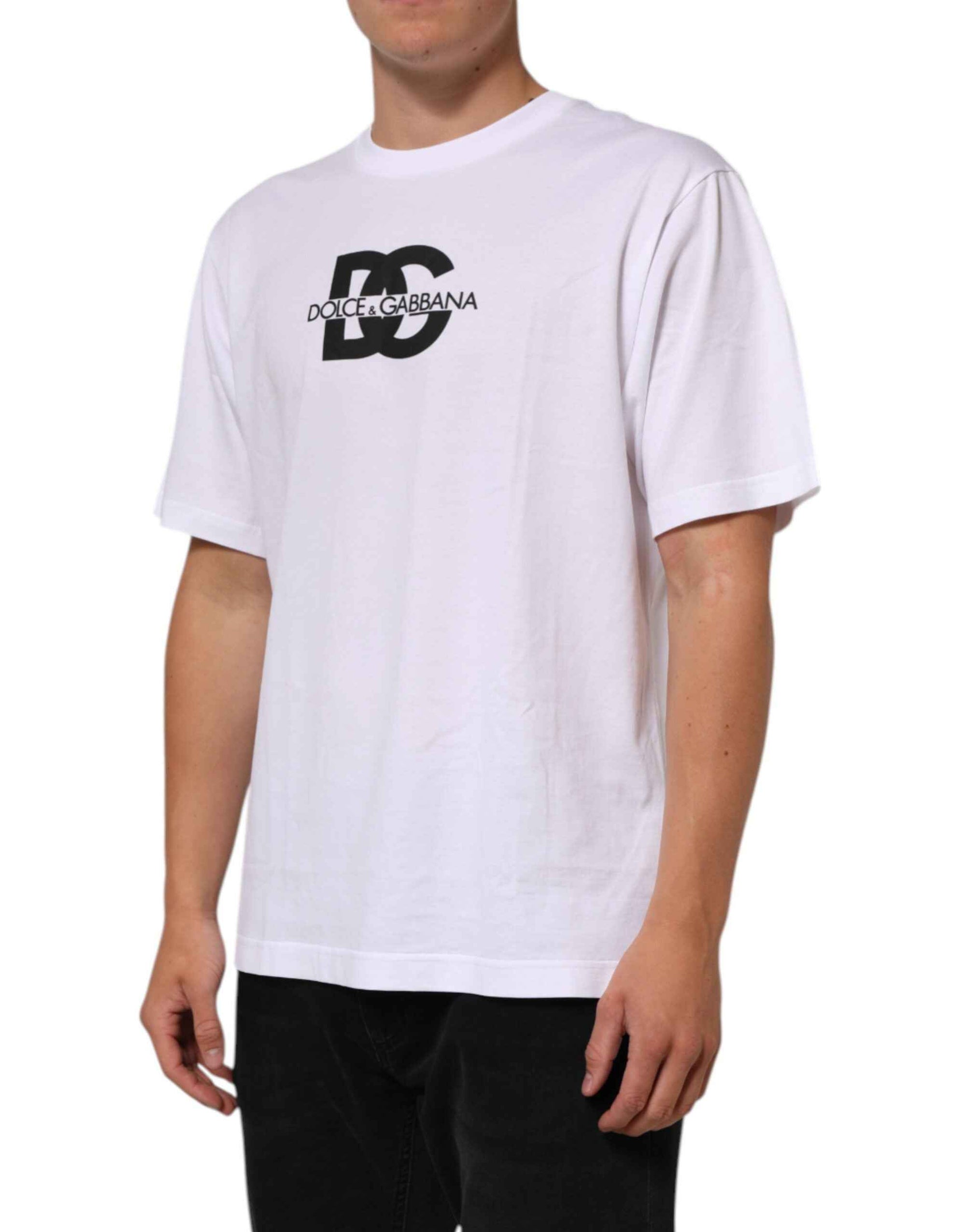 Dolce & Gabbana White Logo Print Cotton Crew Neck Men T-shirt