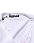Dolce & Gabbana White Distressed Cotton V Neck Men T-shirt