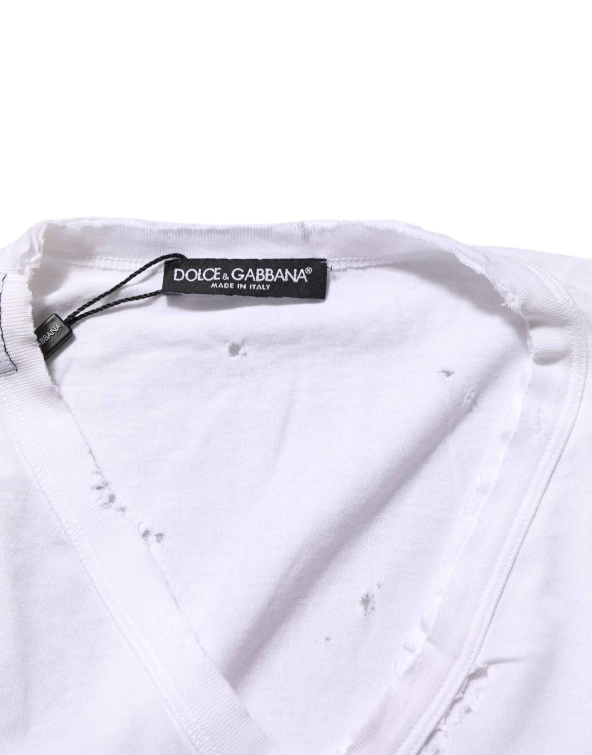 Dolce & Gabbana White Distressed Cotton V Neck Men T-shirt