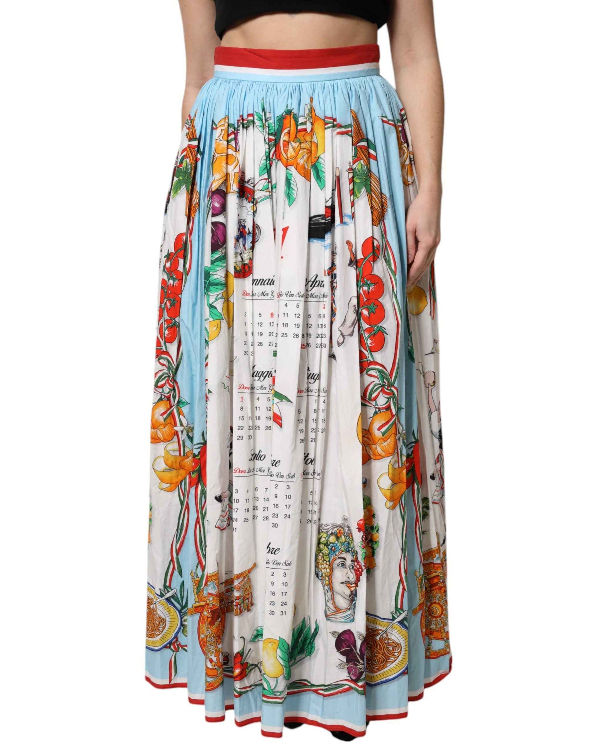 Dolce & Gabbana White Calendar Print Cotton Gathered Maxi Skirt