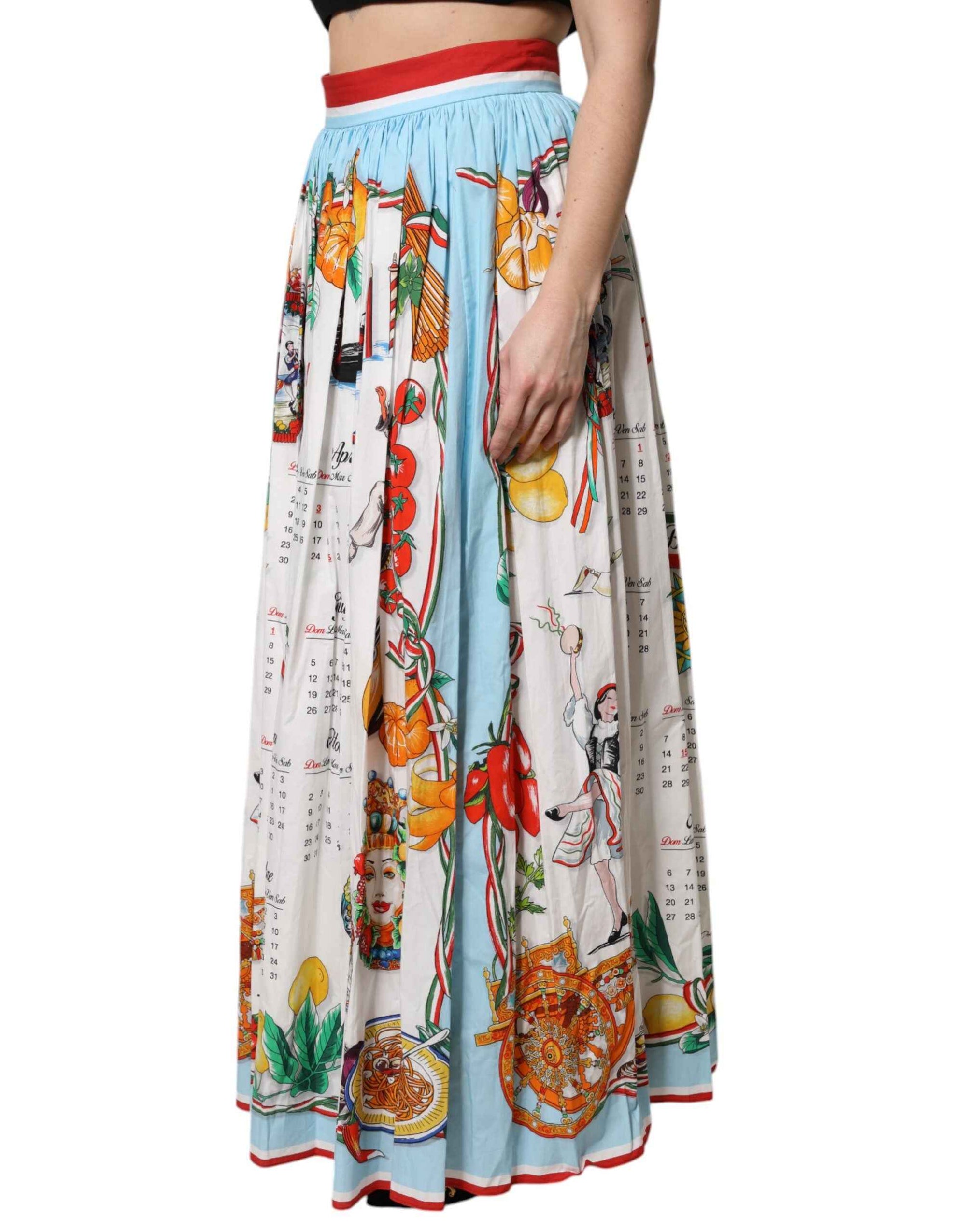 Dolce & Gabbana White Calendar Print Cotton Gathered Maxi Skirt