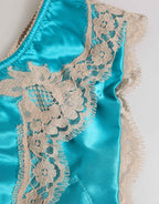 Dolce & Gabbana Blue Silk Satin Floral Lace Trim New Slip Underwear