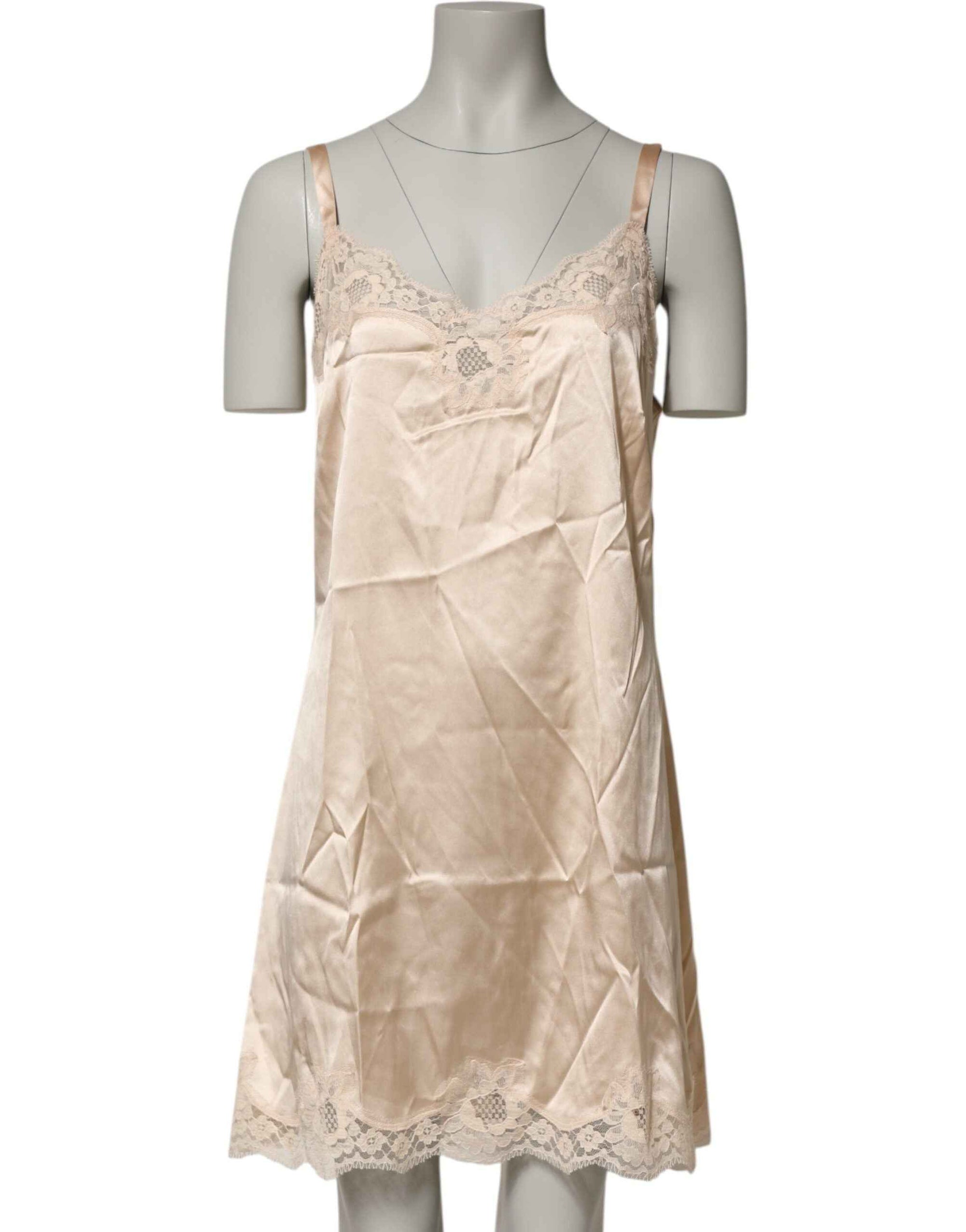 Dolce & Gabbana Nude Chemise Lingerie Silk Blend Lace Trim Dress