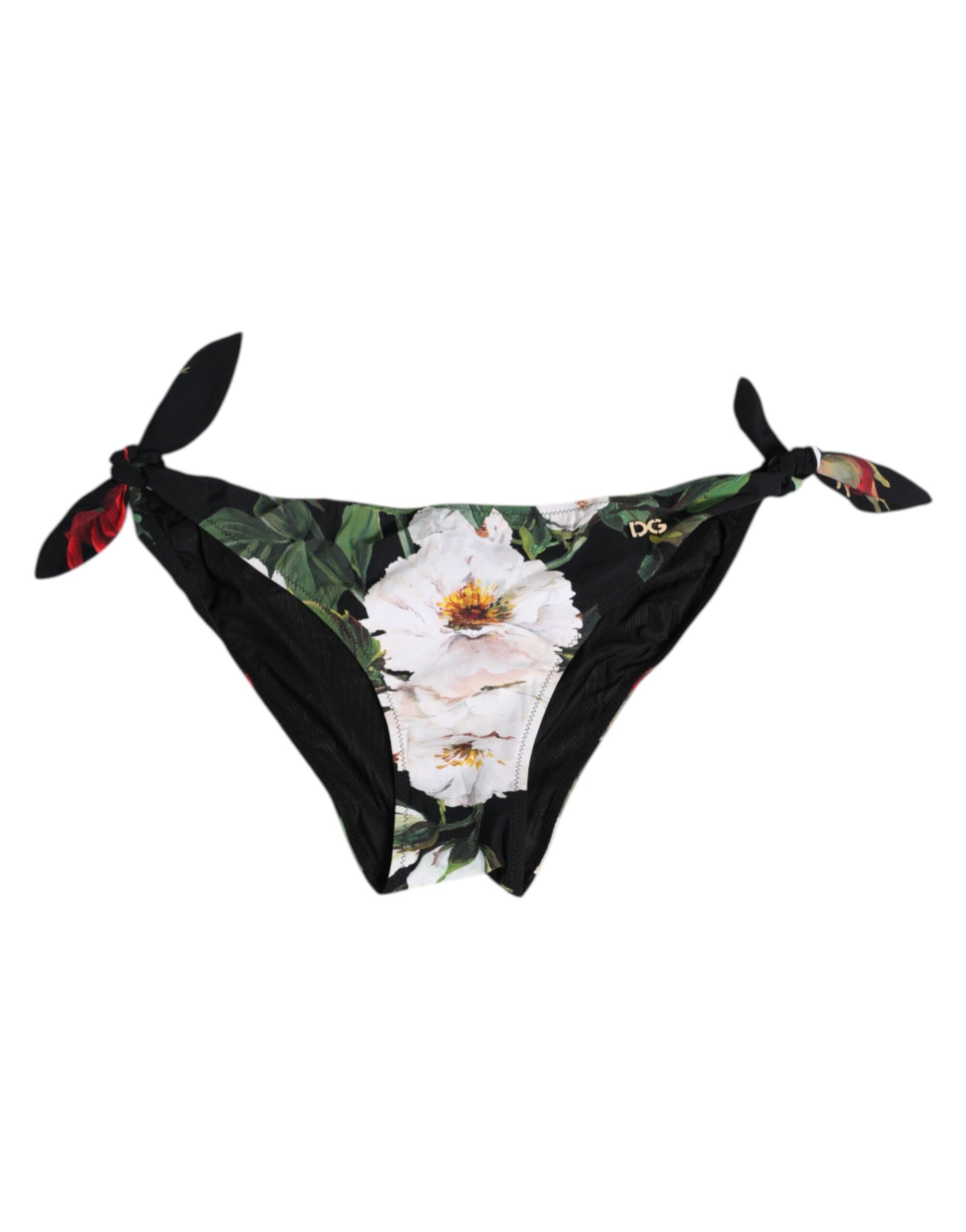 Dolce & Gabbana Black Side Tie Floral Bikini Bottom Swimwear