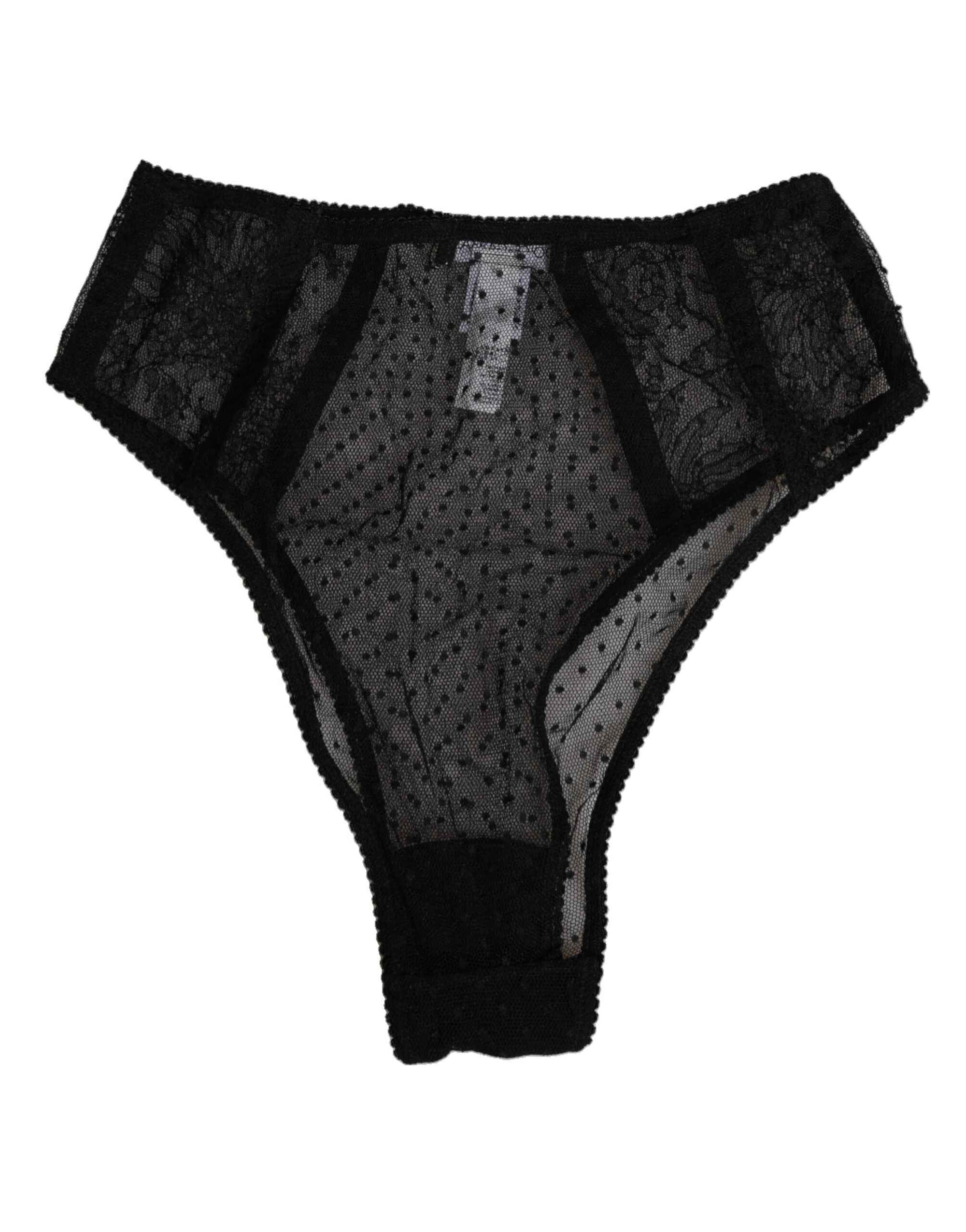 Dolce & Gabbana Black Lace Polka Dot Mesh High Waist Underwear