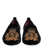 Dolce & Gabbana Black Velvet Gold Crown Mens Loafers Shoes