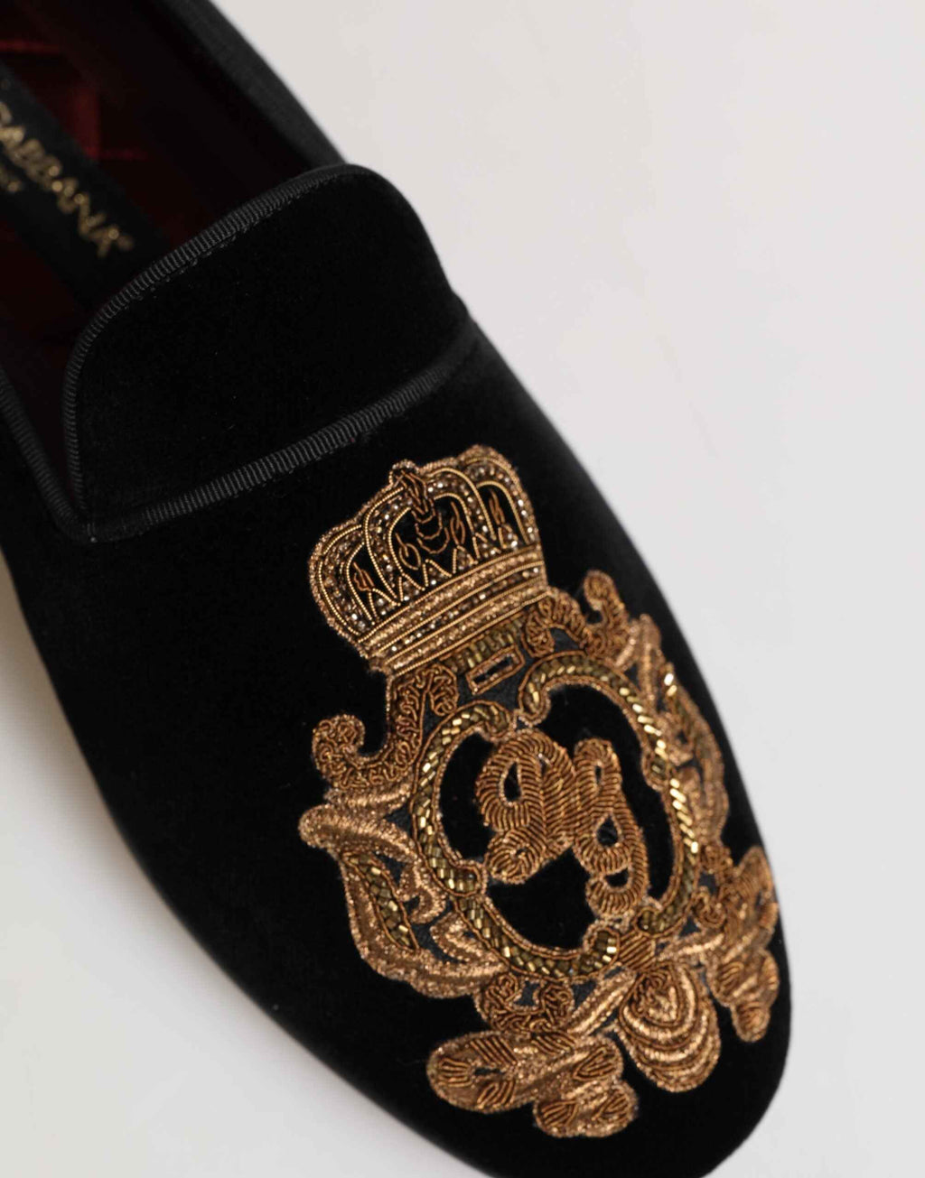 Dolce & Gabbana Black Velvet Gold Crown Mens Loafers Shoes