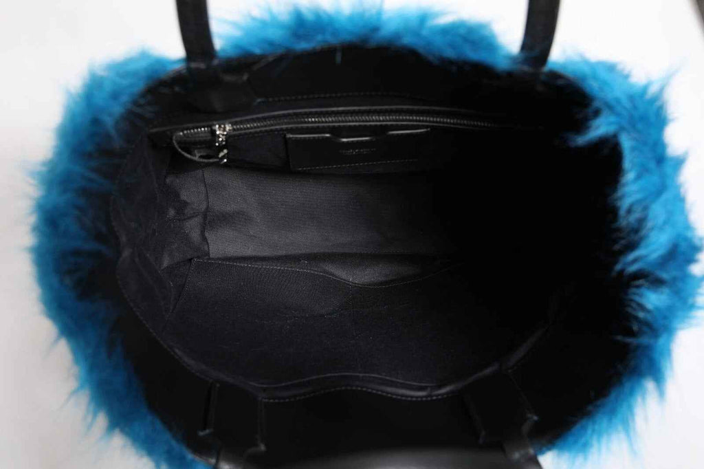 Dolce & Gabbana Blue Fur Logo Plaque Double Handle Shoulder Bag