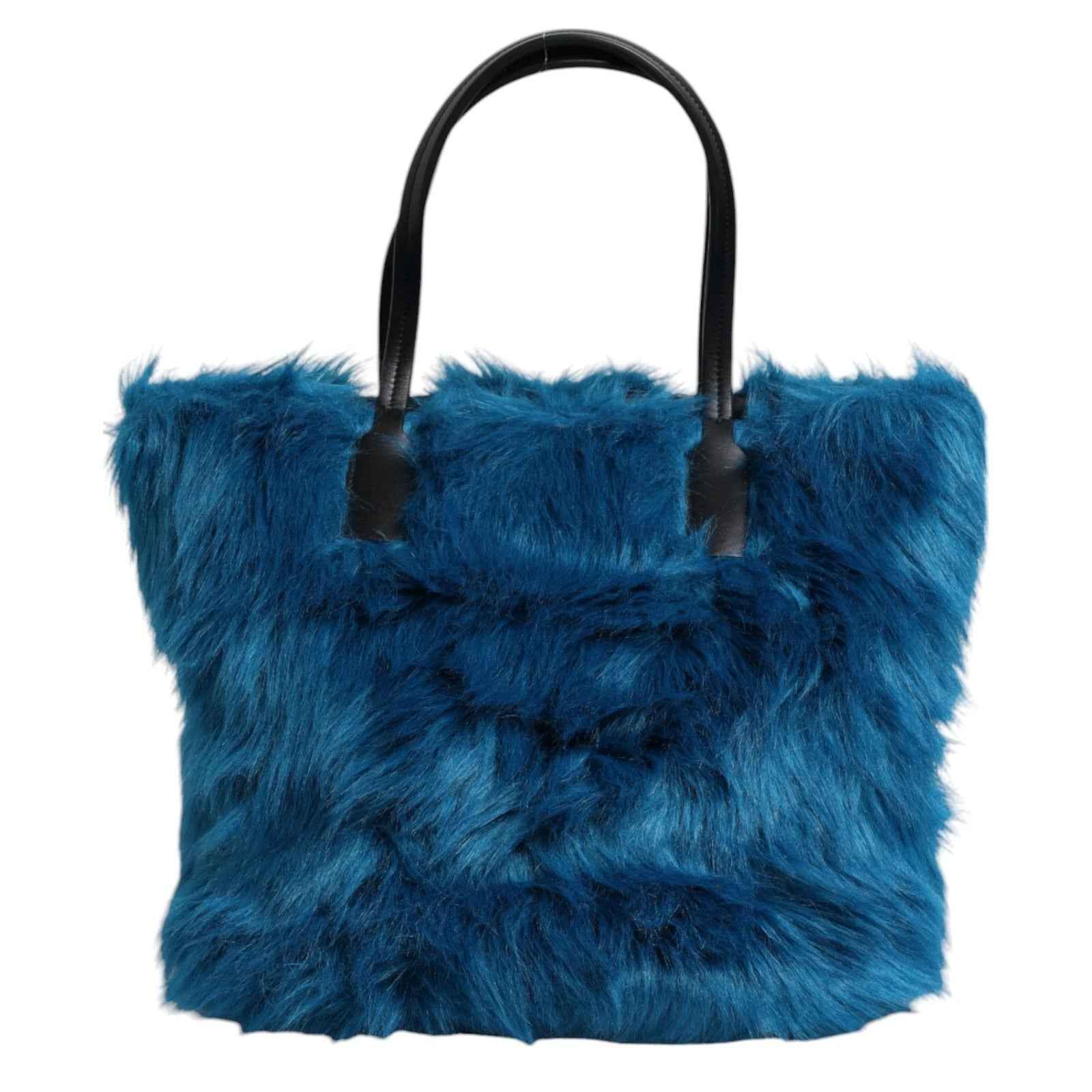 Dolce & Gabbana Blue Fur Logo Plaque Double Handle Shoulder Bag