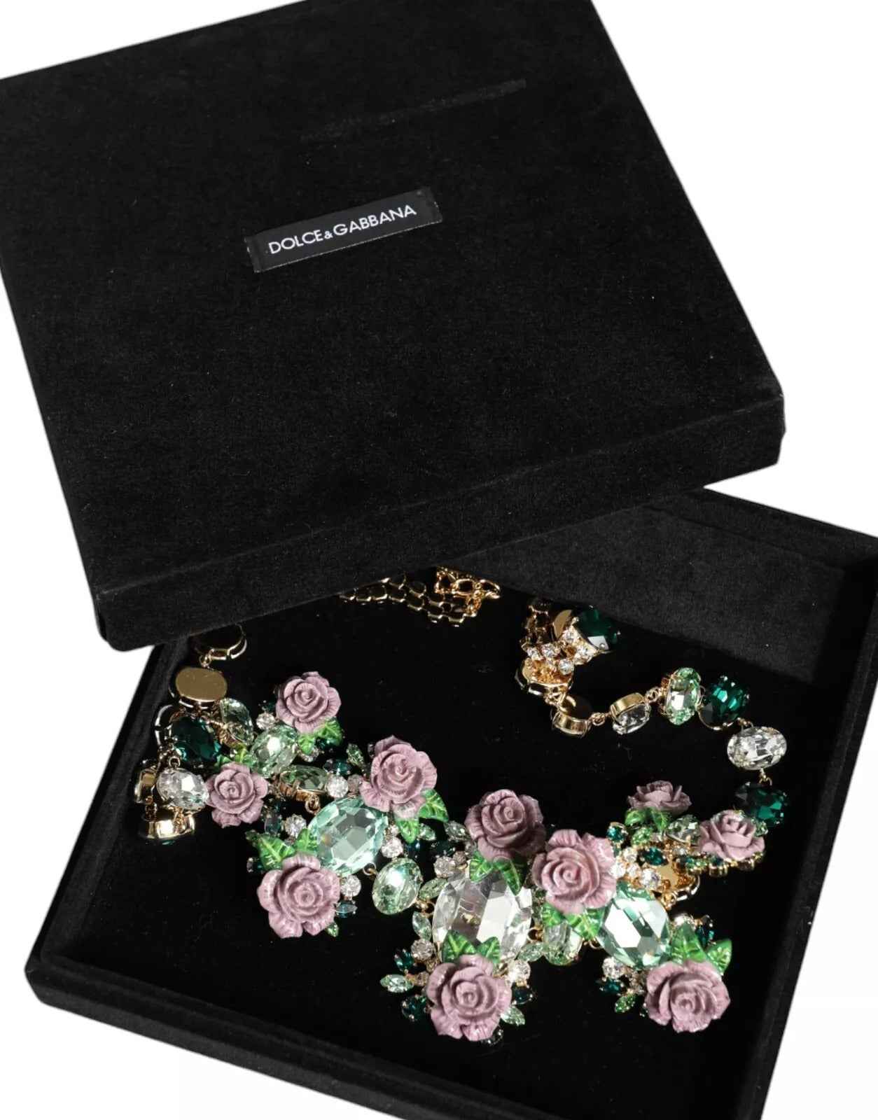 Dolce & Gabbana Gold Brass Link Chain Rose Petal Crystal Necklace