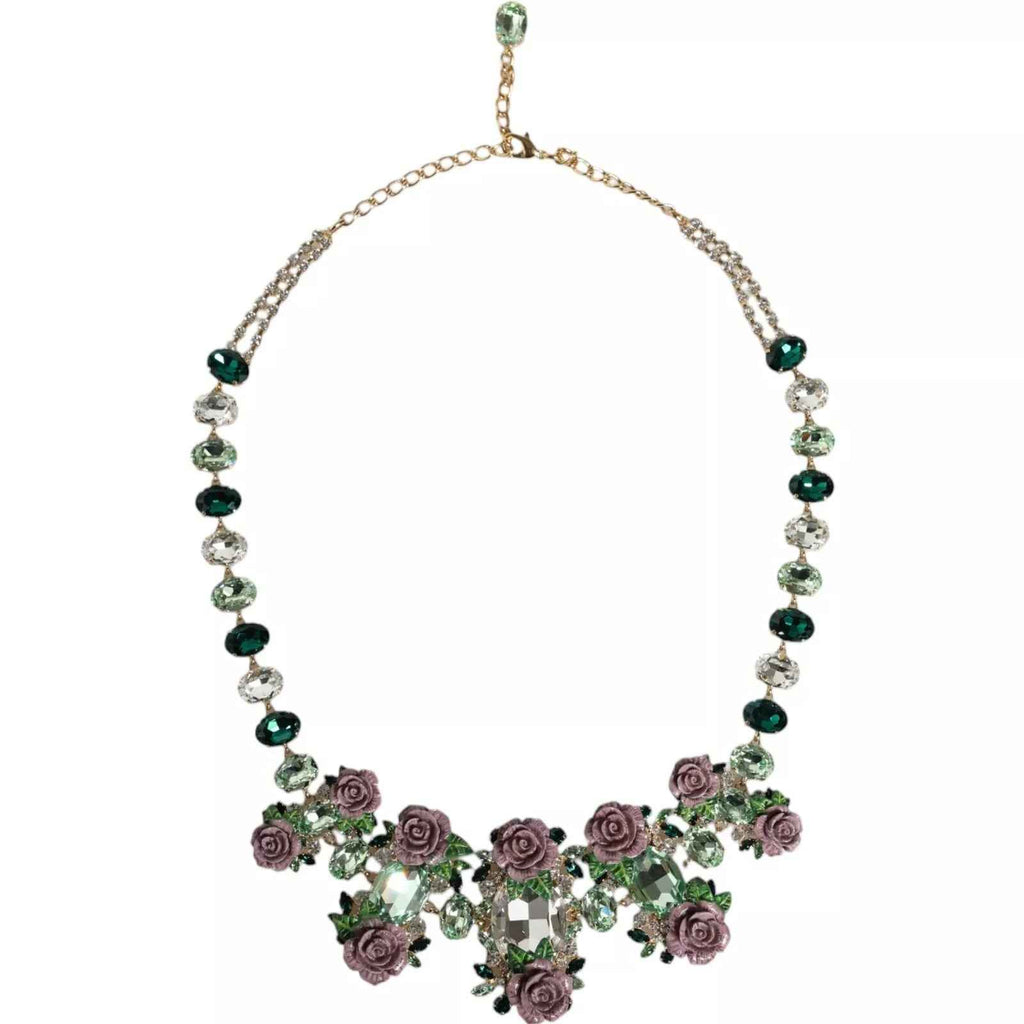 Dolce & Gabbana Gold Brass Link Chain Rose Petal Crystal Necklace