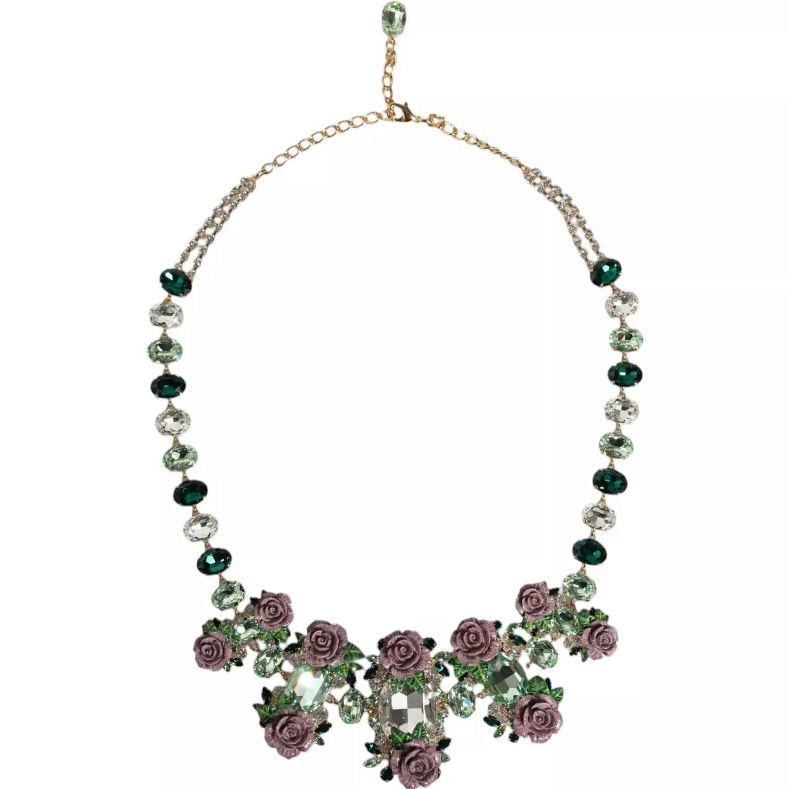 Dolce & Gabbana Gold Brass Link Chain Rose Petal Crystal Necklace