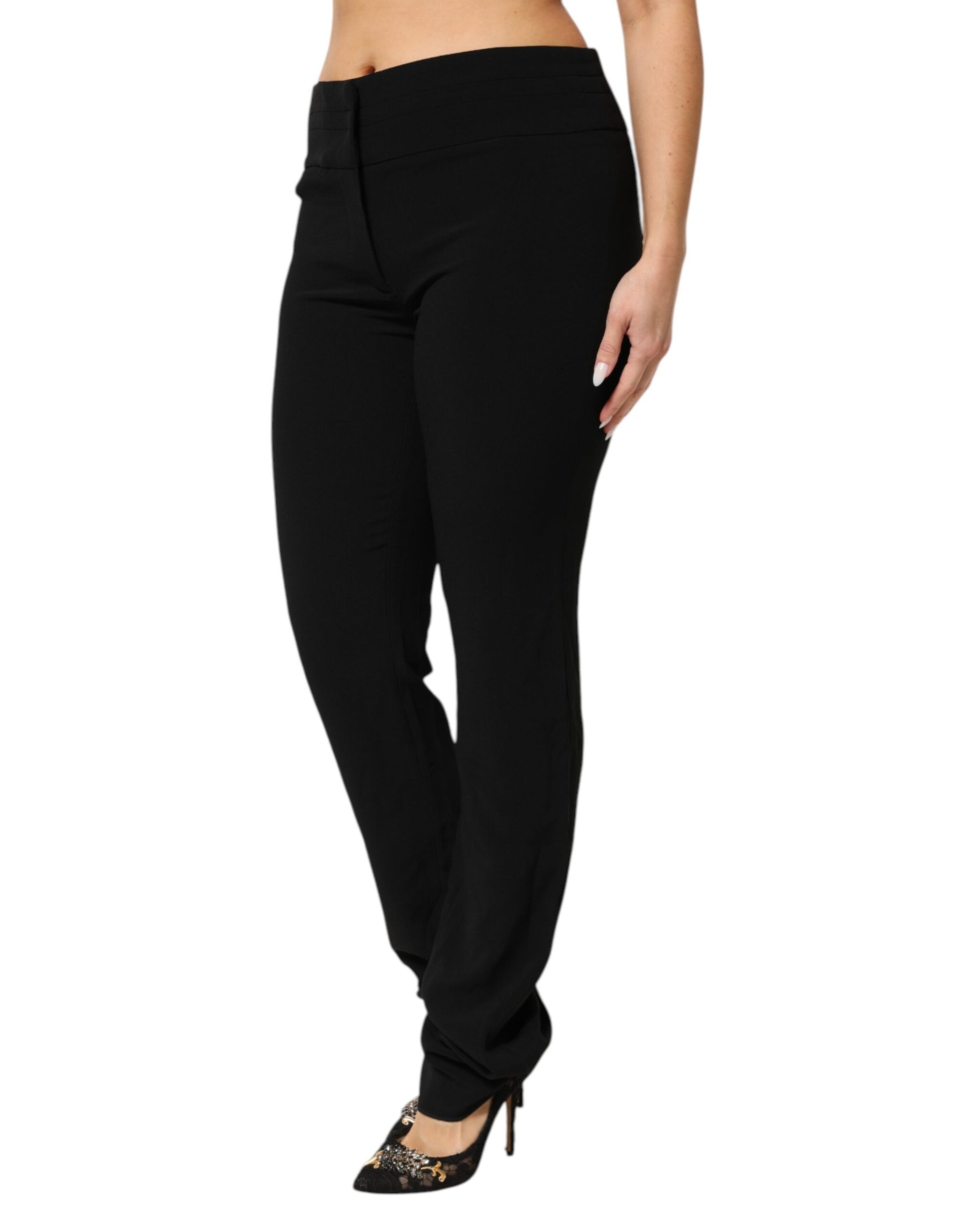 Exte Black Viscose Acetate Blend Straight Leg High Waist Pants
